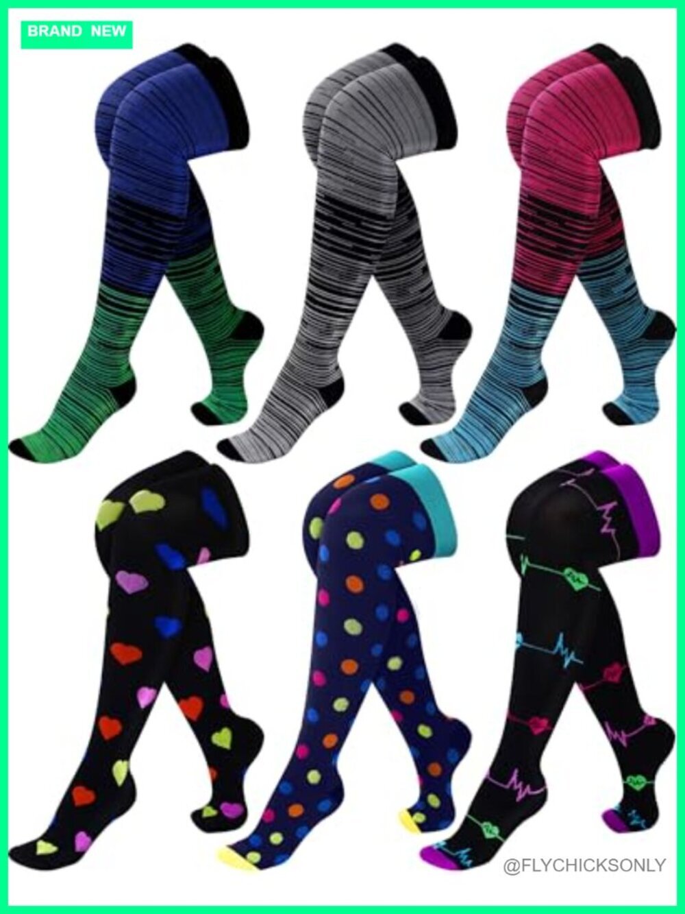 6 Pairs Thigh High Compression Socks 20-30mmHg Wide Calf Support